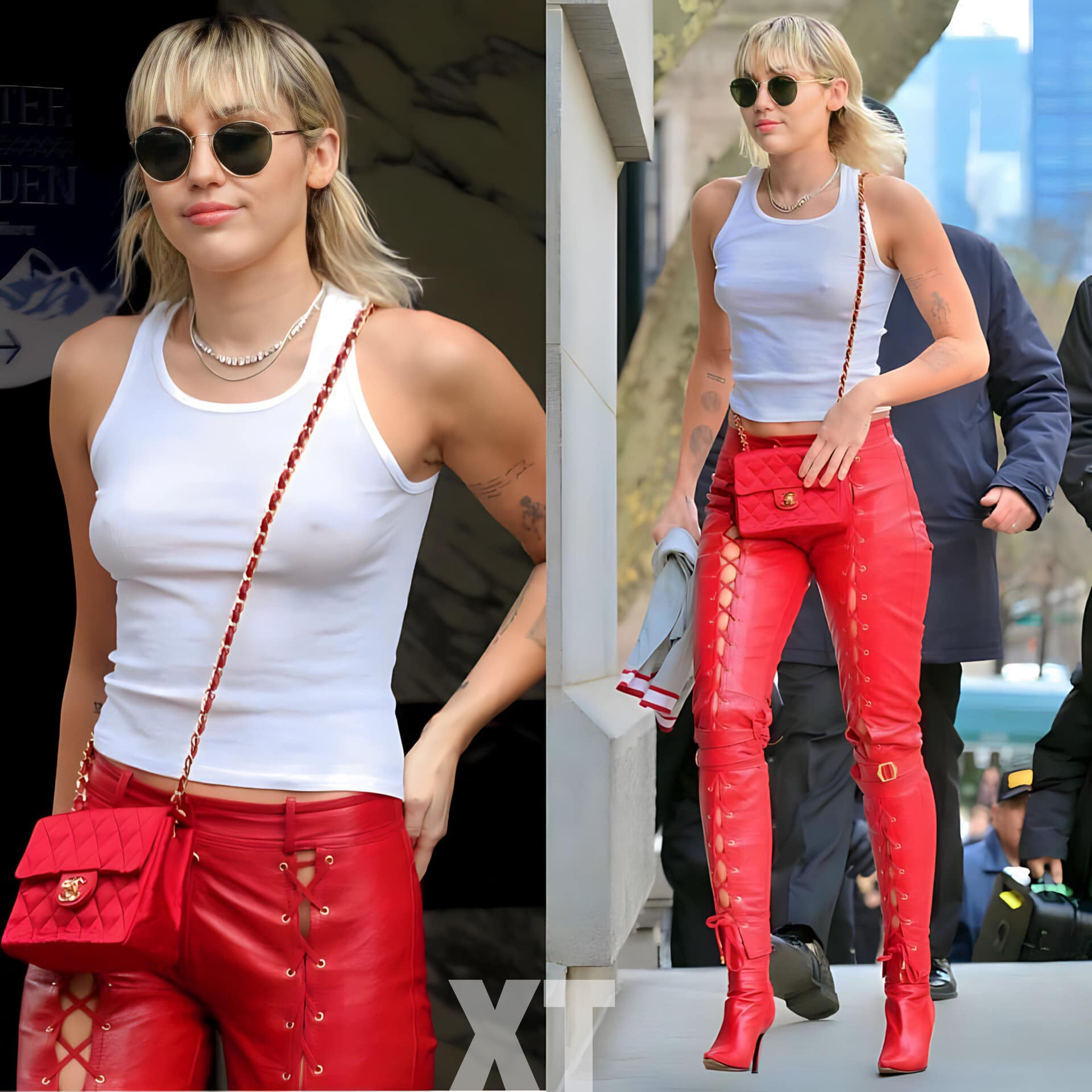 (X) Miley Cyrus Dons Red Leather Ensemble Sans Bra at New York Fashion Week News